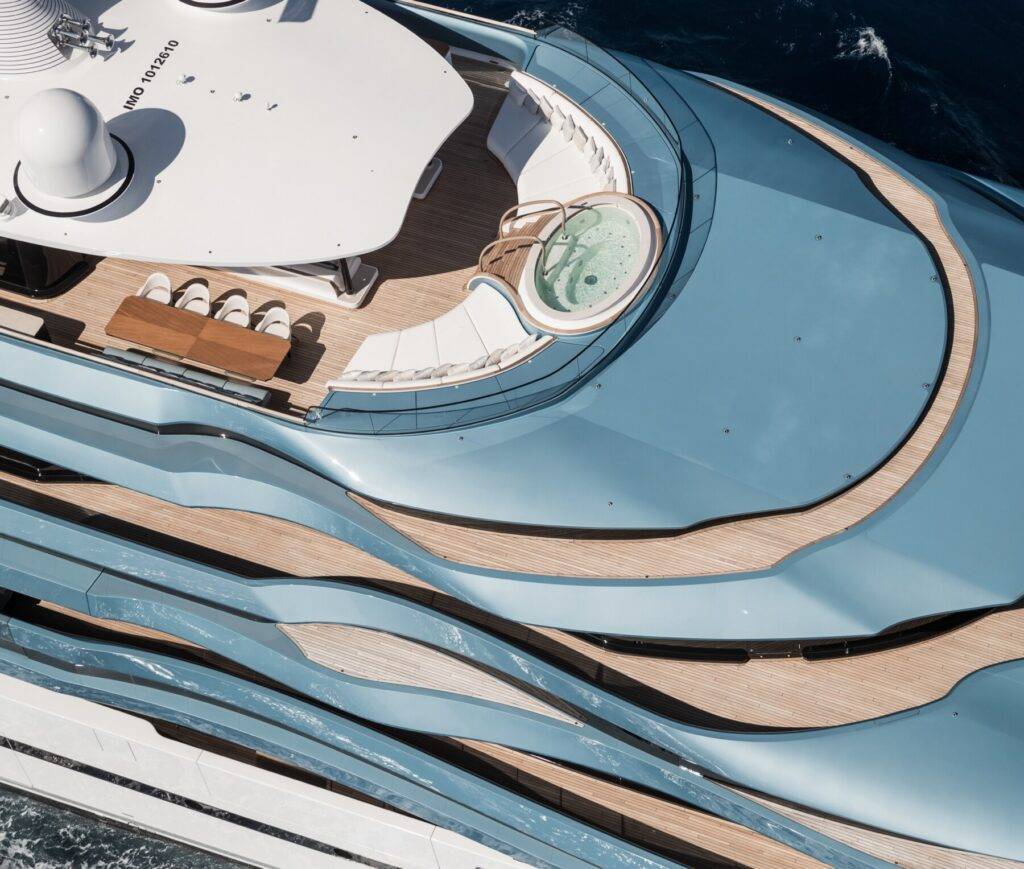 Overhead view of a luxury yacht deck and pool